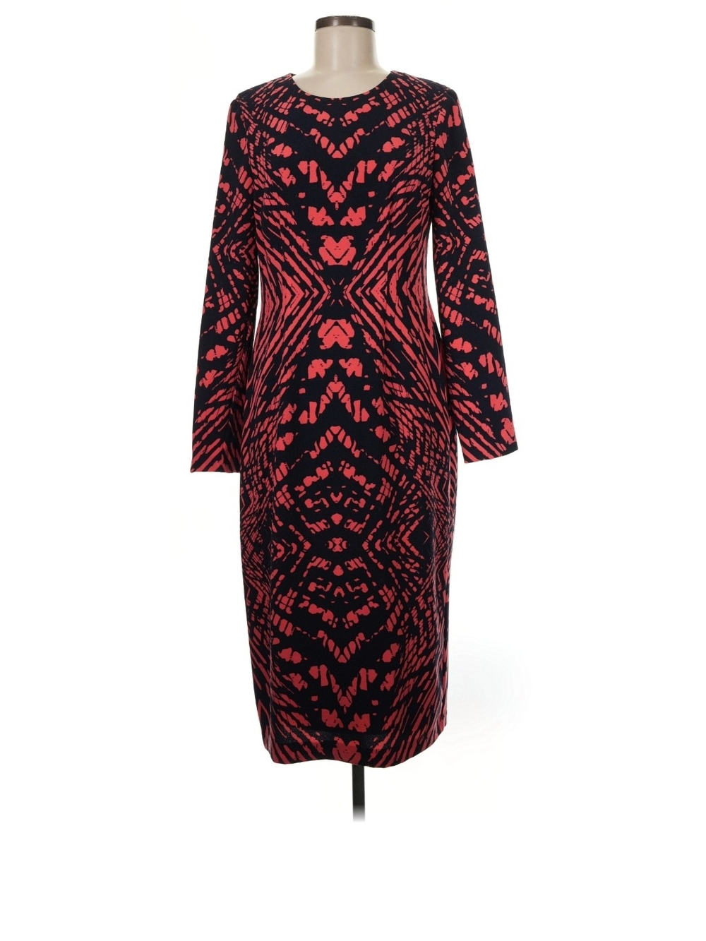 Women's Long Sleeve Navy & Coral Patterned Sheath Dress By Maggy London Size 16
